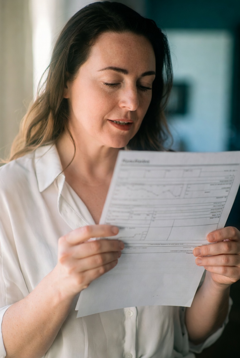[Imagen de Mujer aliviada sosteniendo sus resultados médicos]