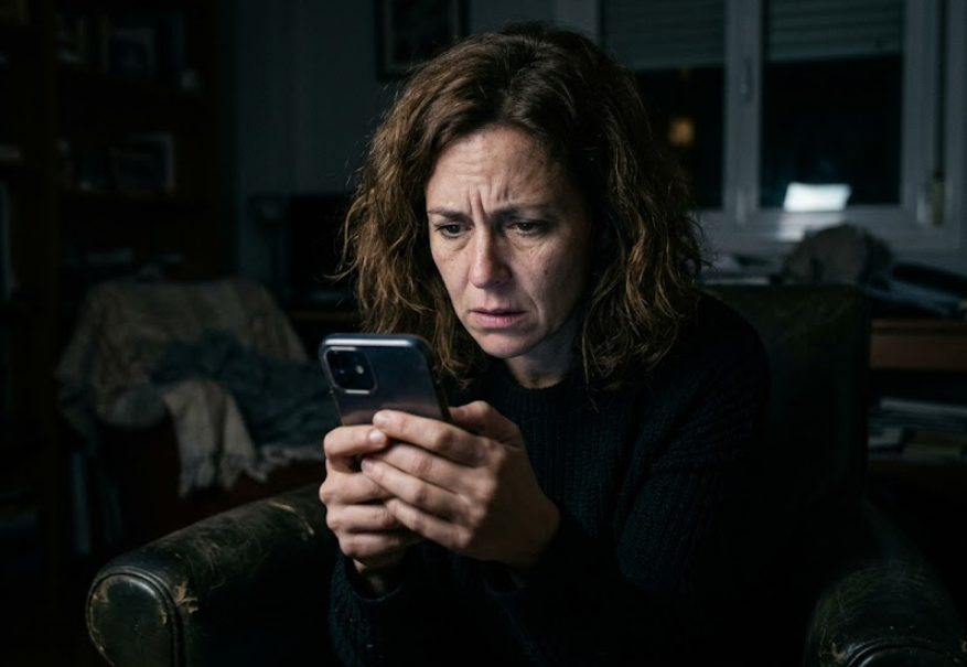 [Imagen de Mujer joven profundamente preocupada buscando respuestas en su celular en la oscuridad]