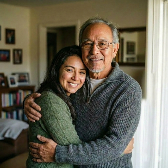 [Foto de Antonio Vera con su hija Mónica, sonriendo y felices]