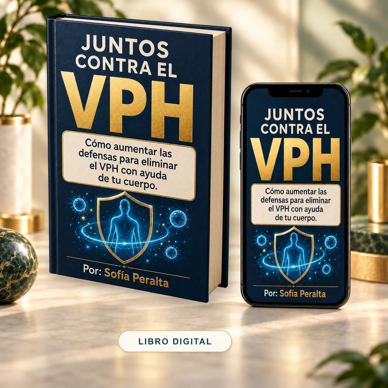 Libro digital Juntos contra el VPH junto a un celular que muestra la portada completa